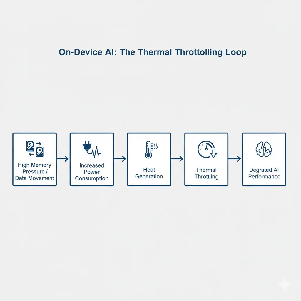 Flowchart illustrating the process of thermal throttling in on-device AI, starting from high memory pressure and data movement, leading to increased power consumption, heat generation, and ultimately reduced performance.