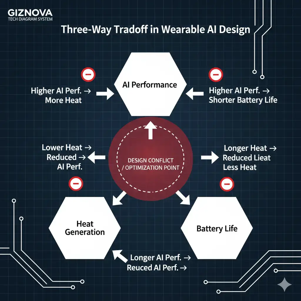 AI Wearable Thermal Throttling heat flow illustrating the three-way tradeoff in wearable AI design: high performance, low heat generation, and long battery life, showing their conflicting relationships.
