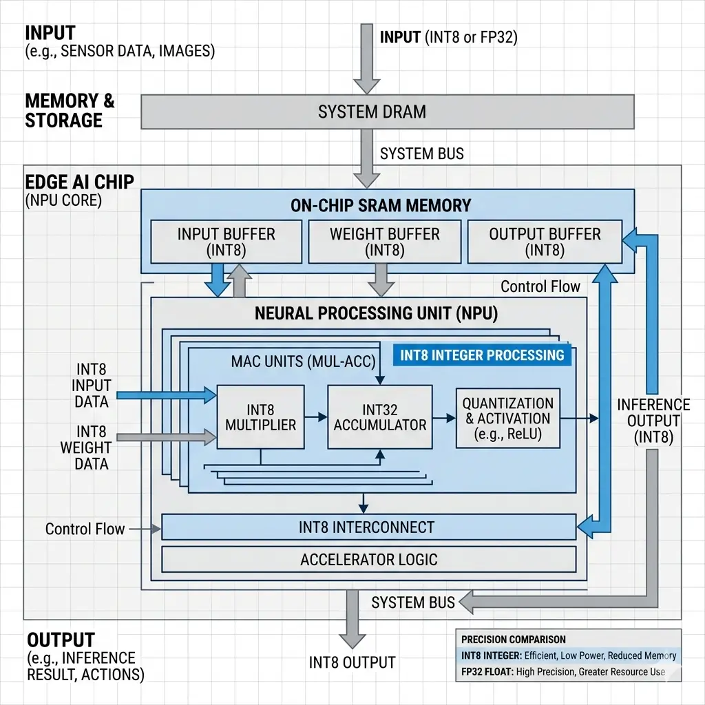 Edge AI chips use integer arithmetic architecture diagram showing NPU, memory, and data flow