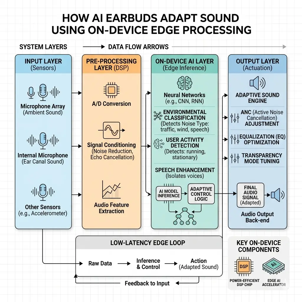 AI earbuds adapt sound using on-device AI processing architecture