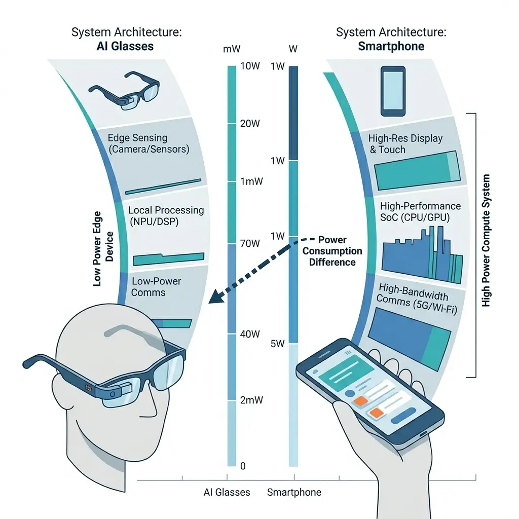 AI Glasses vs Smartphones — Quick Diagram AI Glasses vs Smartphones compute architecture