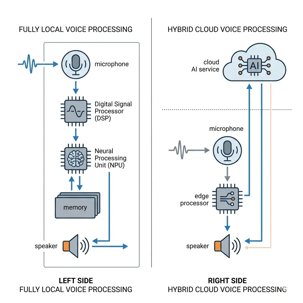 AI in Smart Speakers architecture comparing local voice processing and cloud AI