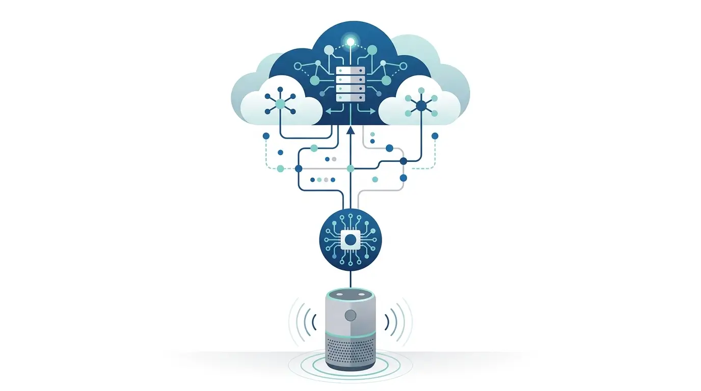 AI in Smart Speakers architecture diagram showing edge inference and cloud AI workflow