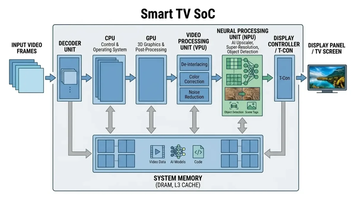 AI in Smart TVs system on chip architecture showing CPU GPU VPU NPU DDR memory and display controller
