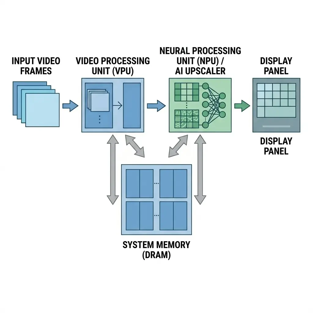 AI video processing pipeline in Smart TVs showing video processor neural processing unit and system memory