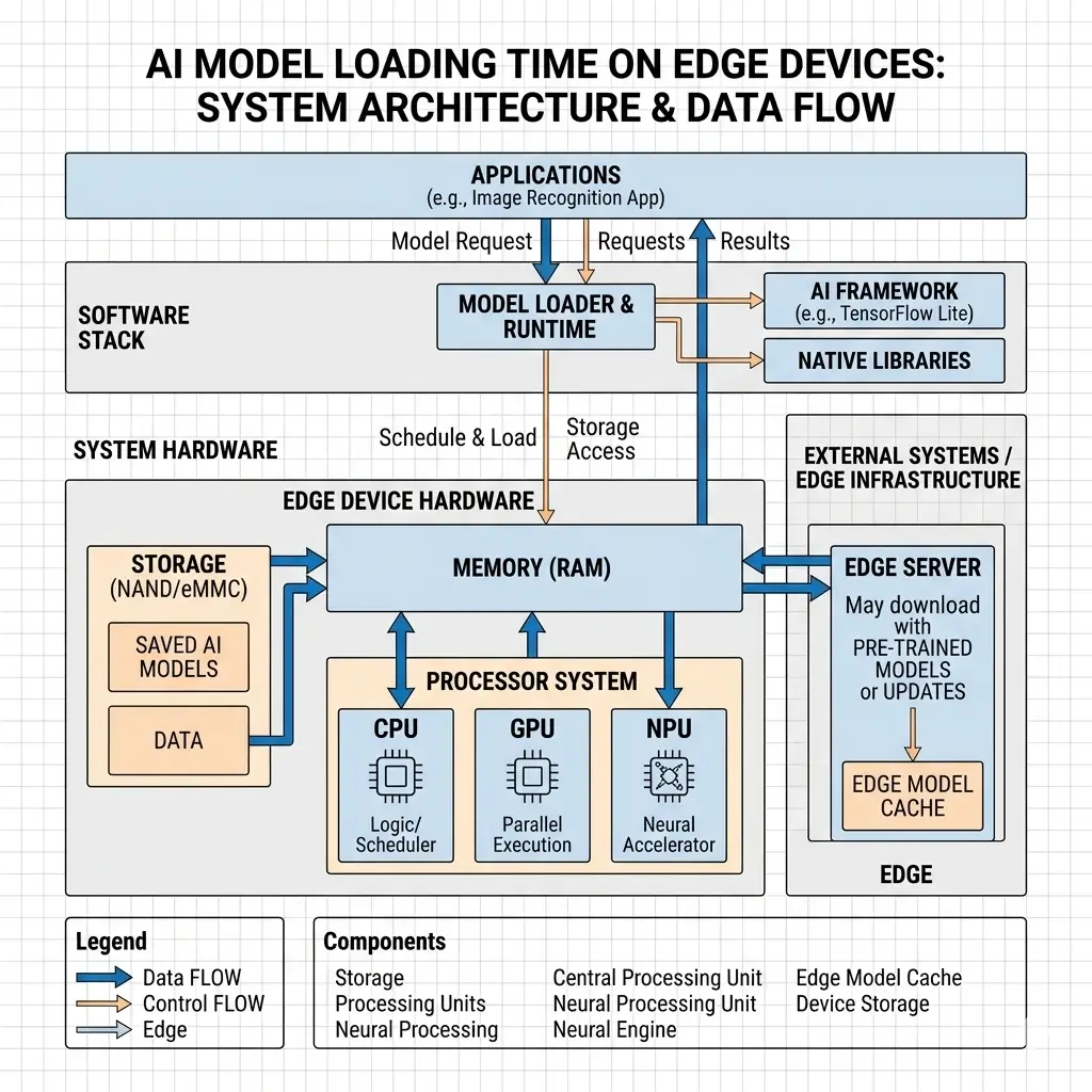 AI Model Loading Time on Devices architecture diagram showing data flow and memory pipeline