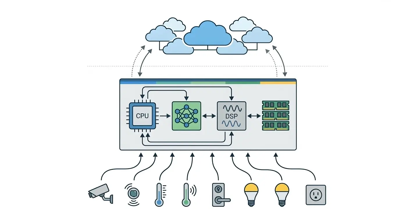 AI smart home hub architecture showing local AI inference with CPU NPU DSP and connected smart home devices