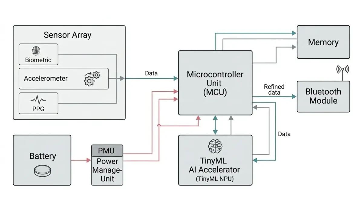 AI Smart Rings Explained architecture diagram showing sensors, microcontroller, TinyML accelerator, memory, and Bluetooth connection to a smartphone.