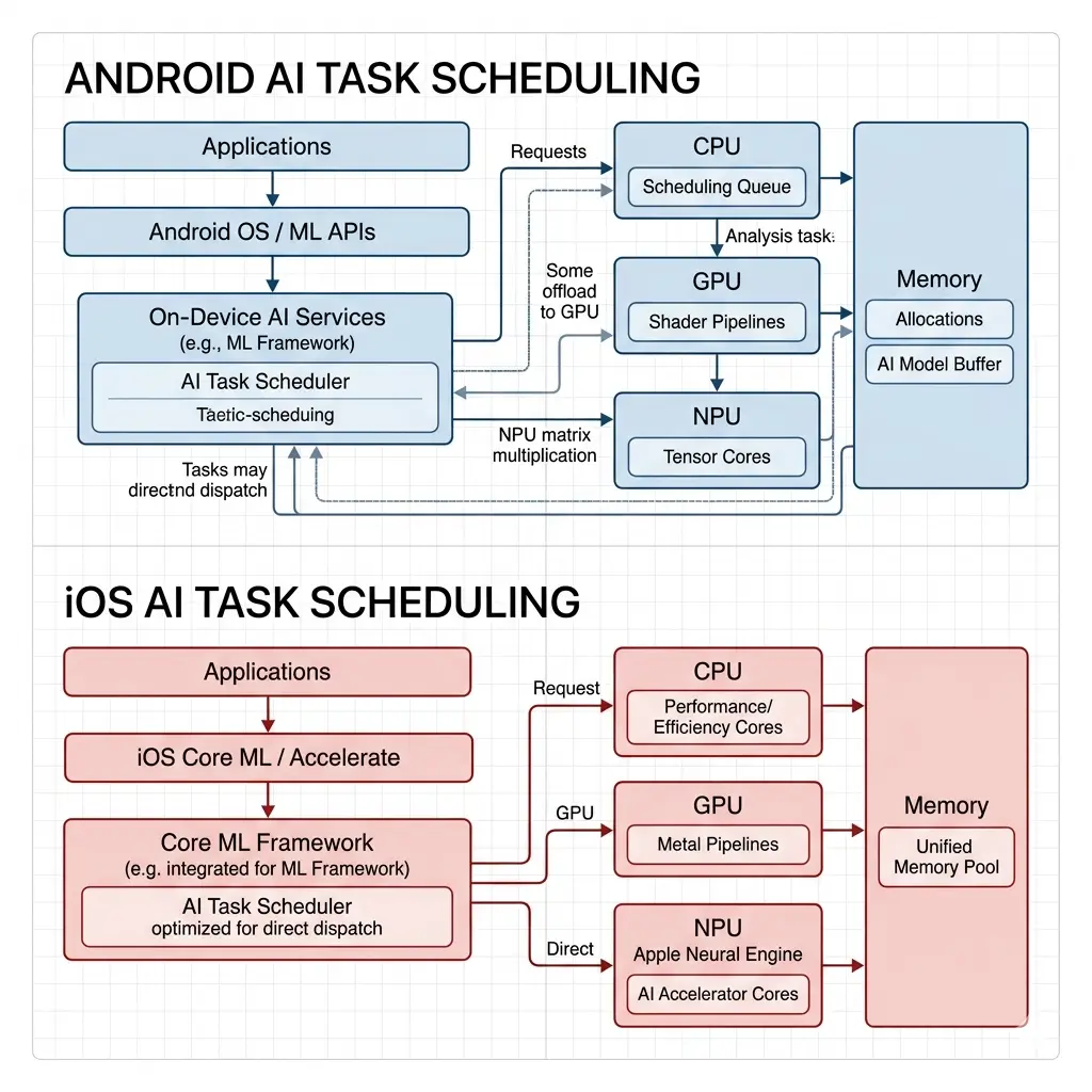 how android and ios schedule ai tasks architecture diagram showing cpu gpu npu