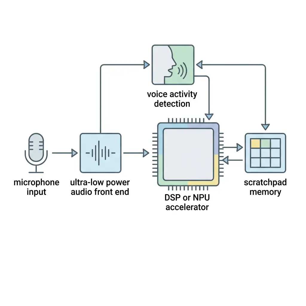 Architecture diagram of background AI wake word performance-per-watt inference pipeline showing microphone input, ultra-low-power audio front end, and NPU processing.