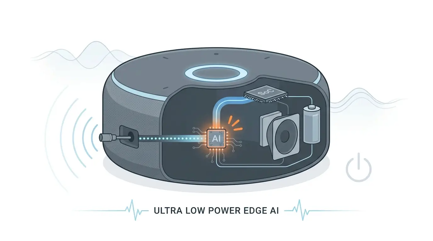Conceptual illustration of background AI wake word performance-per-watt optimization in an edge device with microphone and AI chip.