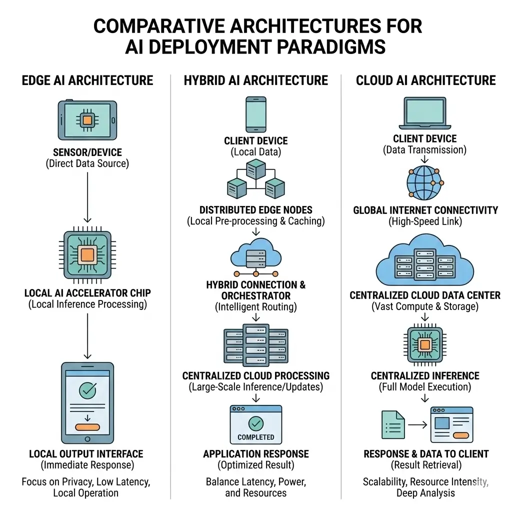 Edge AI vs Hybrid AI vs Cloud AI — Architecture Overview Diagram Edge AI vs Hybrid AI vs Cloud AI architecture overview diagram showing device, edge processing, and cloud infrastructure layers