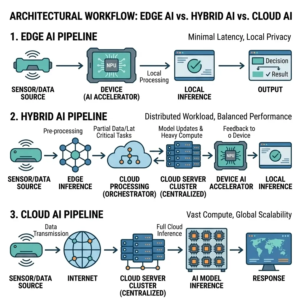 Edge AI vs Hybrid AI vs Cloud AI — Architecture Overview Diagram Edge AI vs Hybrid AI vs Cloud AI architecture overview diagram showing device, edge processing, and cloud infrastructure layers