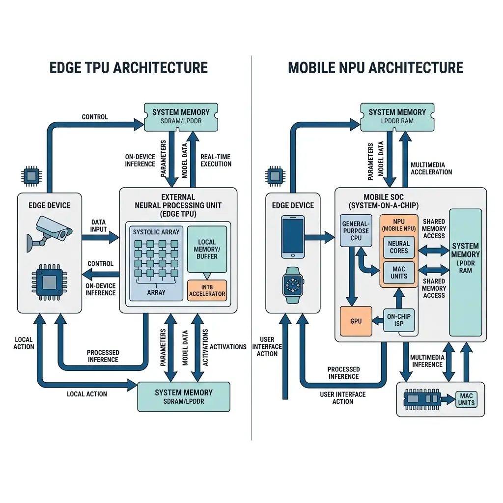Software Ecosystem & Tooling diagram explaining Edge TPU vs Mobile NPU