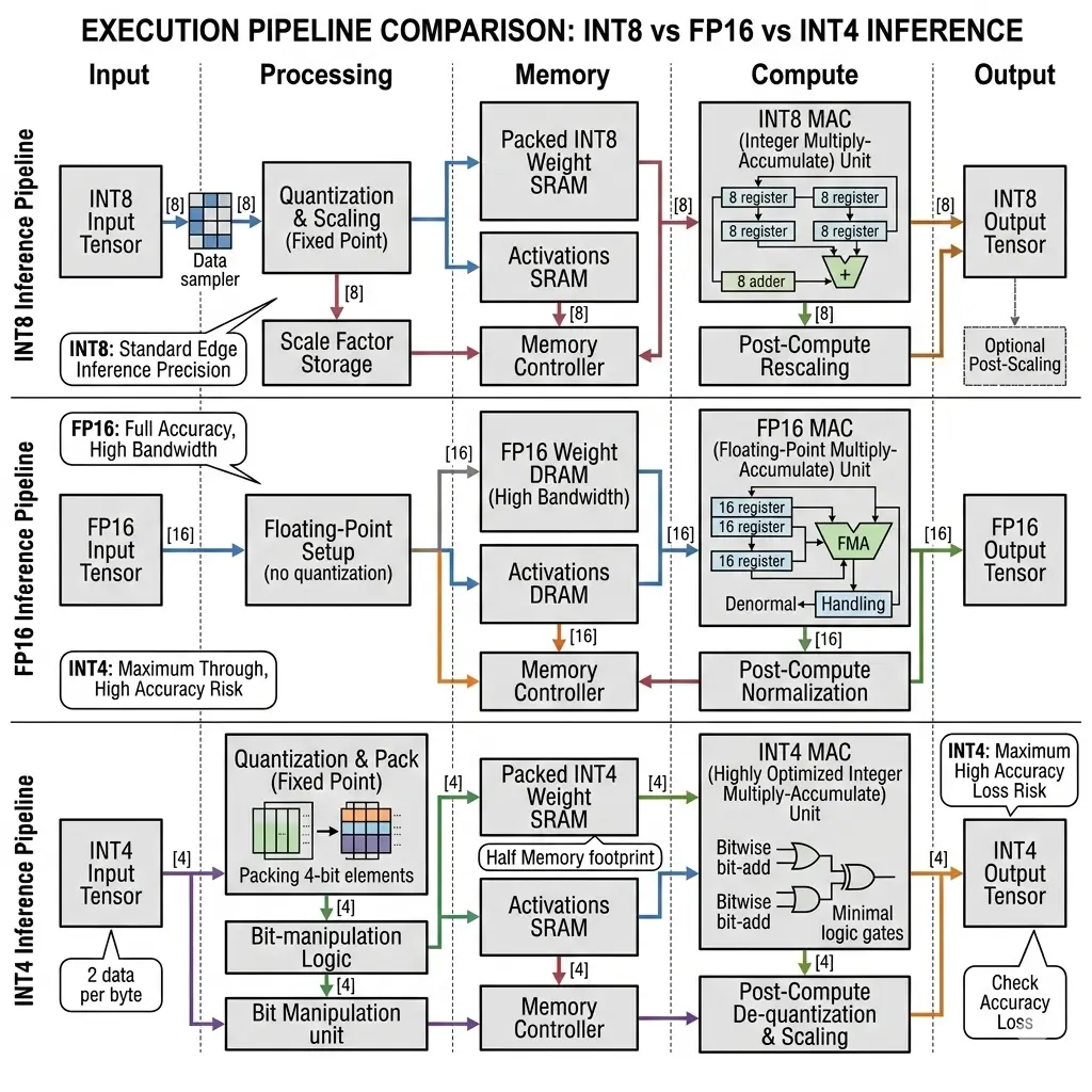 INT8 vs FP16 vs INT4 Inference — Execution Pipeline INT8 vs FP16 vs INT4 Inference execution pipeline engineering diagram