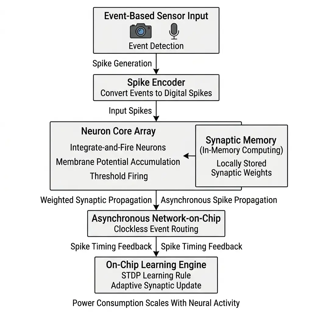 Technical diagram illustrating the sequential steps of data processing within a neuromorphic chip's execution pipeline.