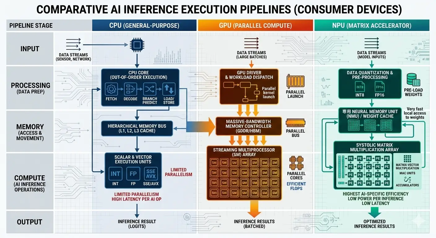 NPU vs GPU vs CPU architecture comparison for AI inference
AI inference hardware comparison on consumer devices
CPU GPU NPU performance efficiency comparison chart
