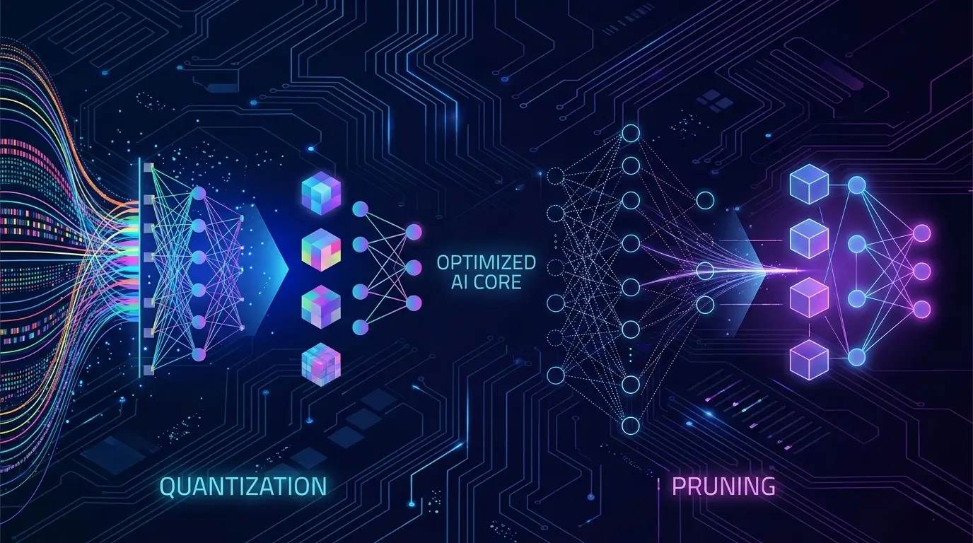 Conceptual artwork illustrating the contrast between data compression (quantization) and structural simplification (pruning) in AI models, with glowing neural network elements.