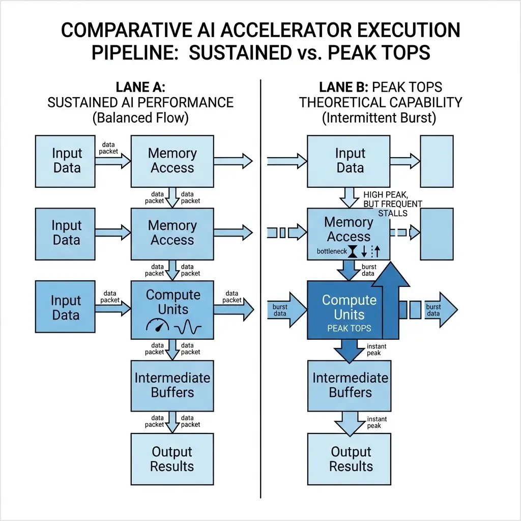 Sustained AI Performance vs Peak TOPS — Execution Pipeline Sustained AI Performance vs Peak TOPS execution pipeline engineering diagram