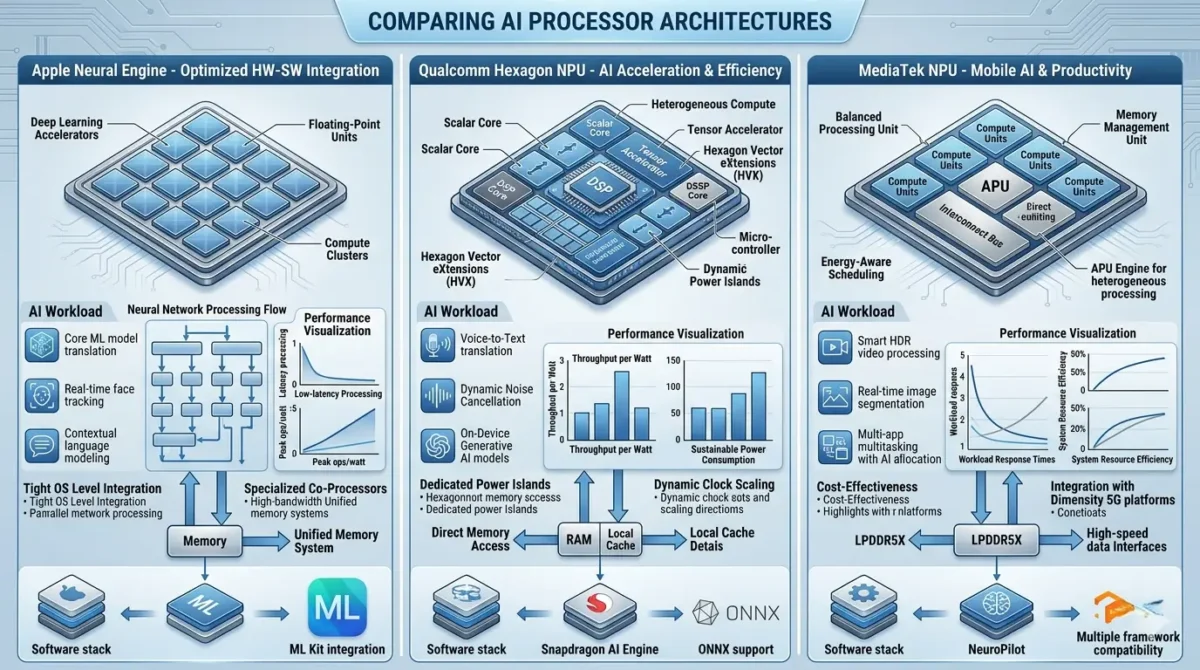 Comparison of Apple Neural Engine, Qualcomm Hexagon NPU, and MediaTek NPU architectures for on-device AI processing.