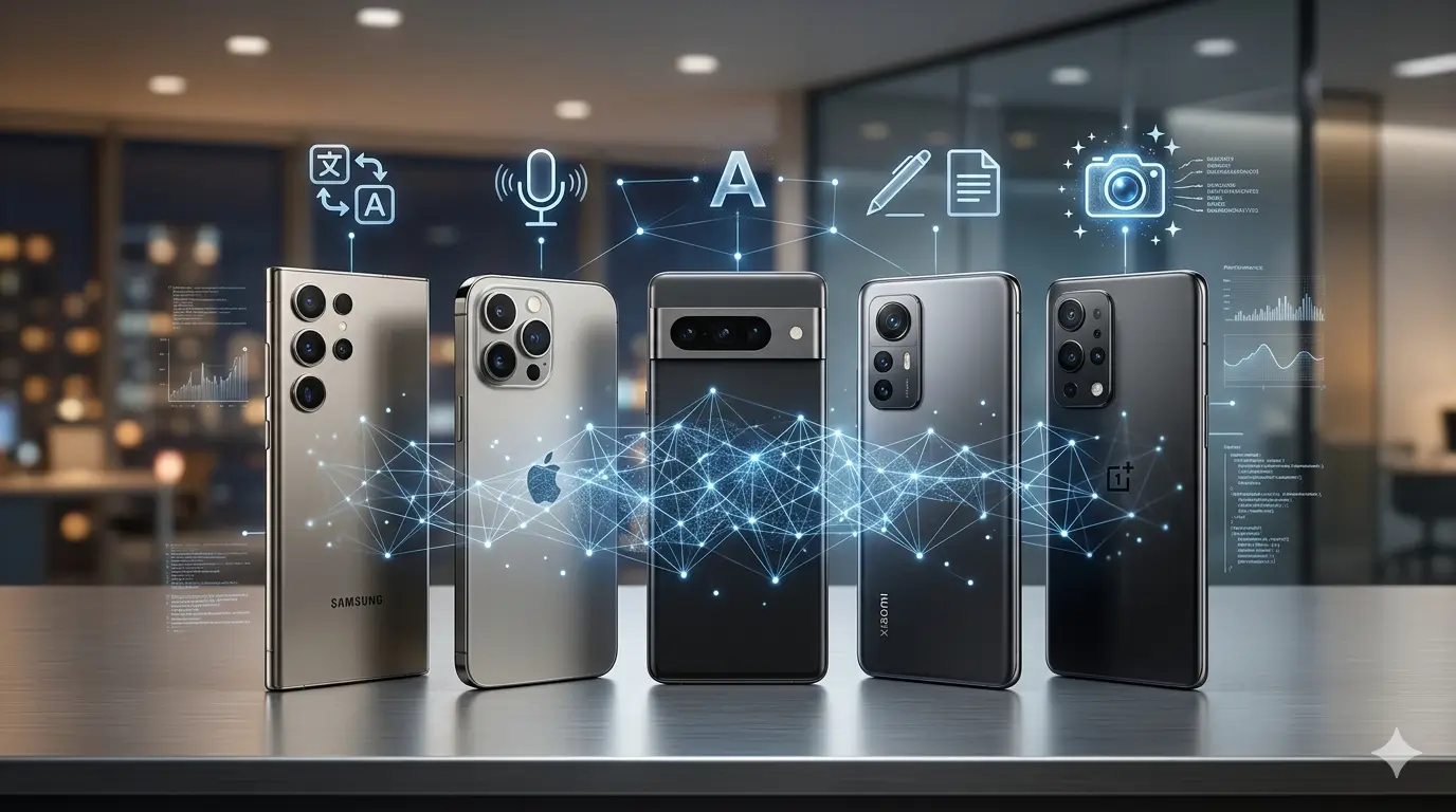 Best AI Phones in 2026 comparison featuring Samsung Galaxy, iPhone, Google Pixel, Xiaomi, and OnePlus smartphones