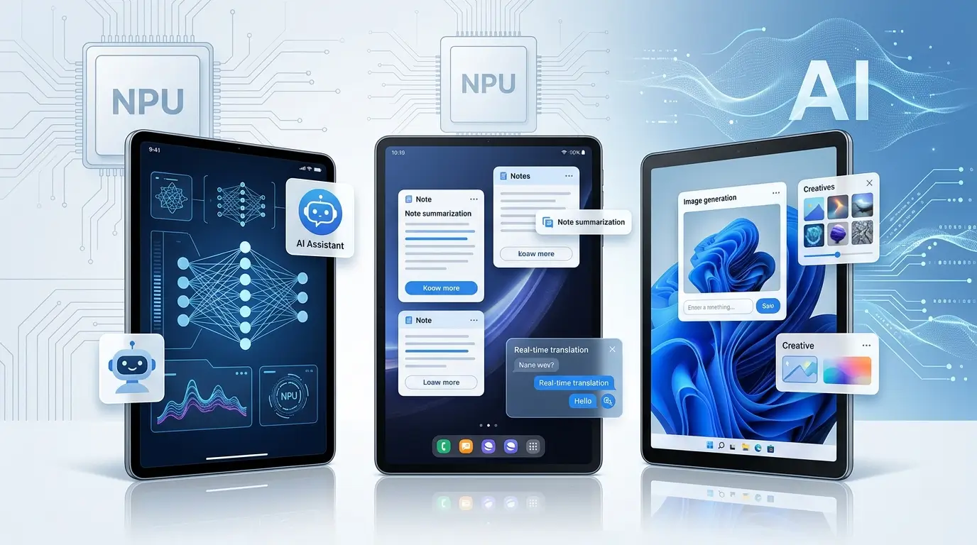 Best AI tablets in 2026 comparing NPU performance, Apple Intelligence, Galaxy AI, and on-device AI capabilities.