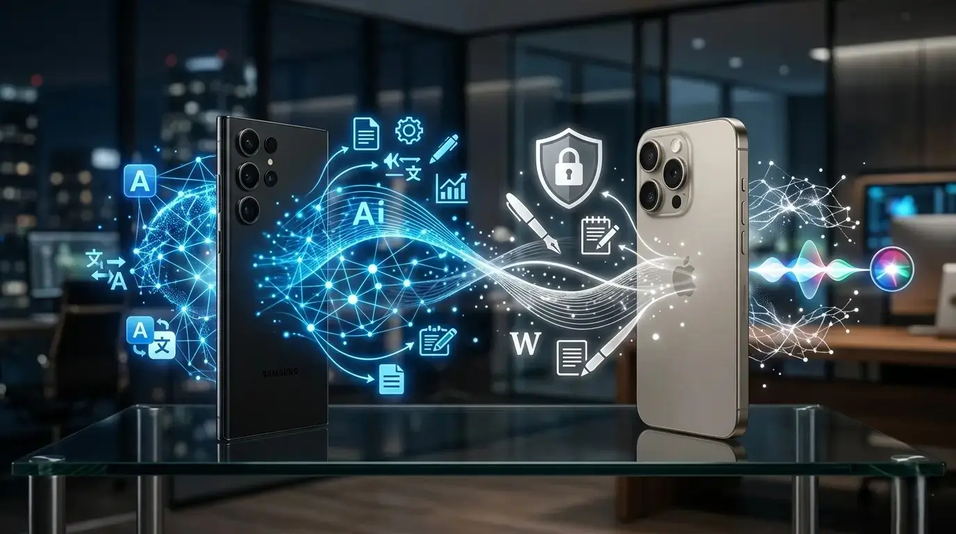 Galaxy AI vs Apple Intelligence comparison showing Samsung and Apple AI ecosystems.