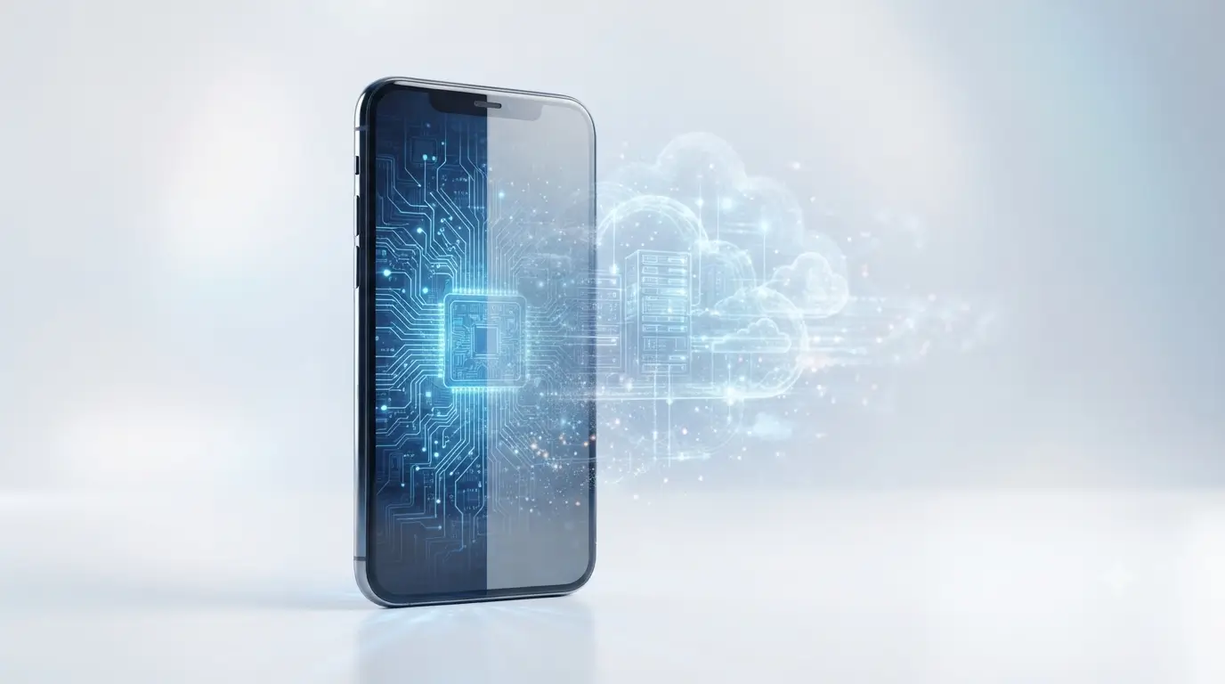 Illustration showing a modern smartphone using on-device AI alongside cloud AI infrastructure to explain why local AI delivers faster response times.