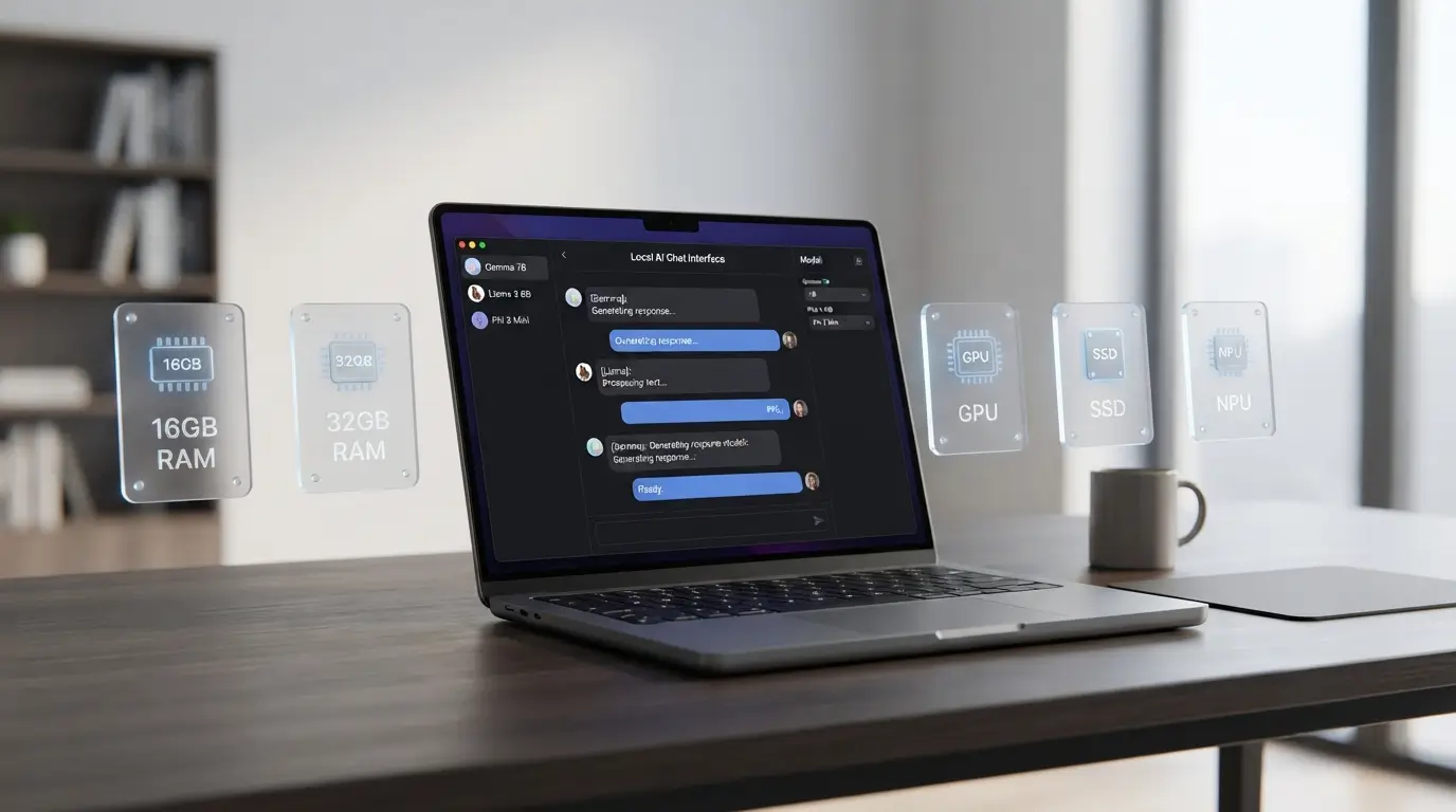 Laptop showing a local AI model running offline with RAM, GPU, SSD, and NPU hardware requirements.