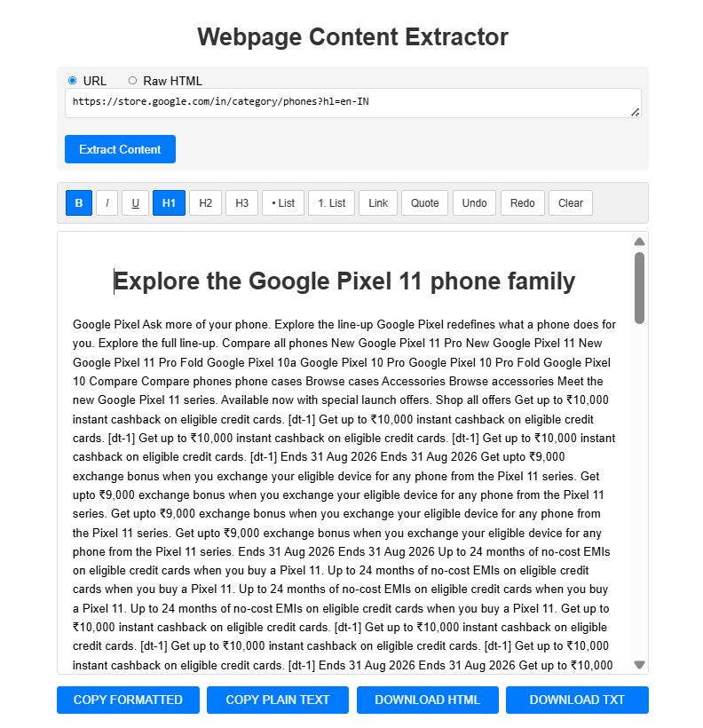 Webpage Content Extractor showing extracted Google Pixel webpage content